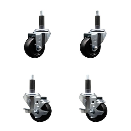 Service Caster 3'' SS Hard Rubber Wheel Swivel 1'' Expand Stem Caster Set 2 Brakes, 4PK SCC-SSEX20S314-HRS-2-TLB-2-1